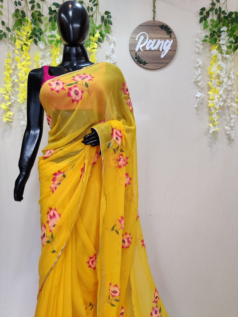Hand-Painted Yellow Viscose Chiffon Saree