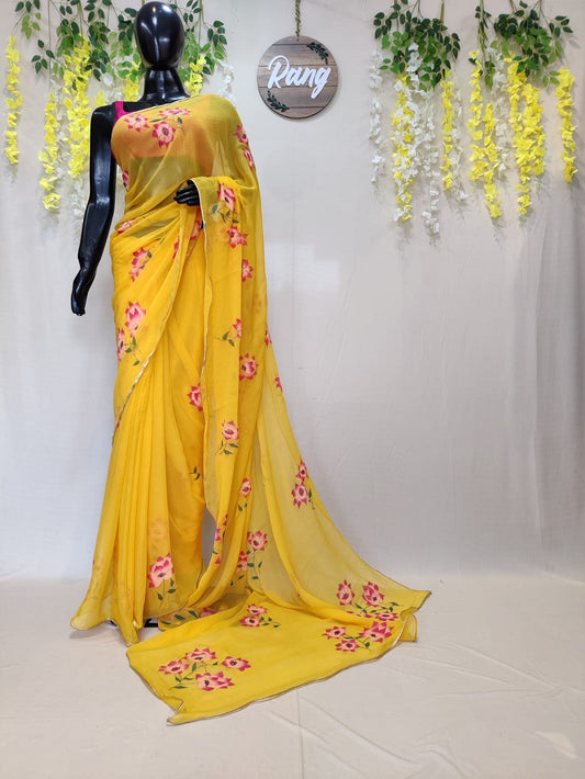 Hand-Painted Yellow Viscose Chiffon Saree