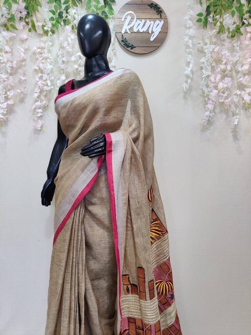 Hand-Painted Khaki Handloom Khadi Linen Saree