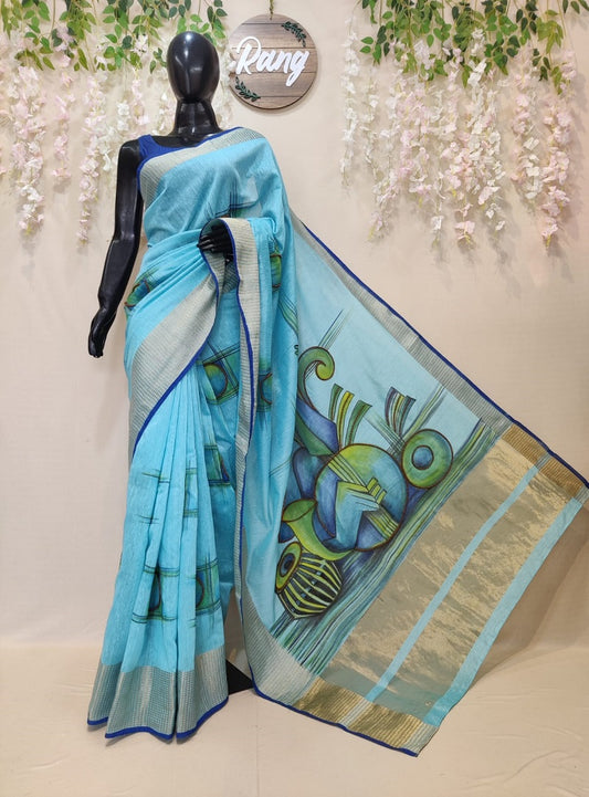Hand-Painted Blue Handloom Khadi Silk Saree