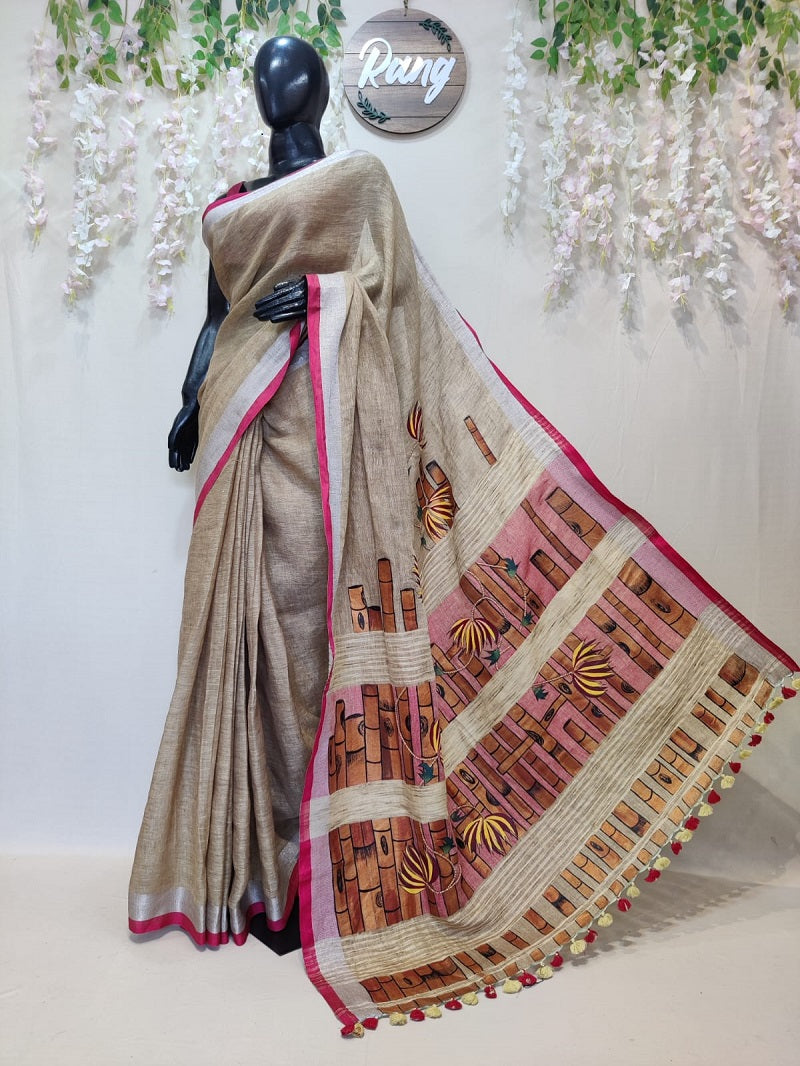 Hand-Painted Khaki Handloom Khadi Linen Saree