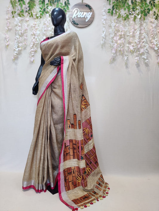 Hand-Painted Khaki Handloom Khadi Linen Saree