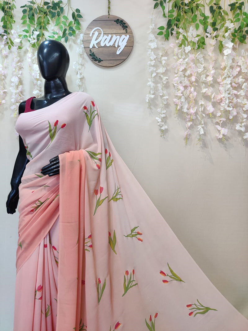 Hand-Painted Ombre Peach Pure Georgette Saree