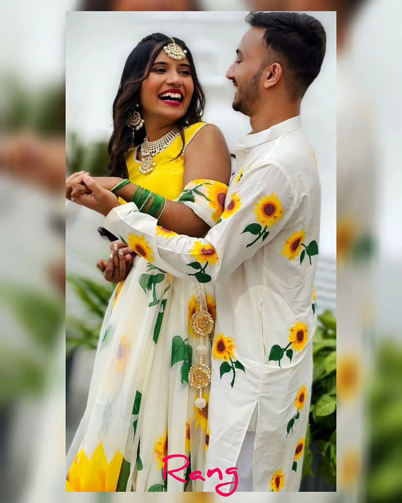 Matching Handpainted Sunflower Lehenga and Kurta Set