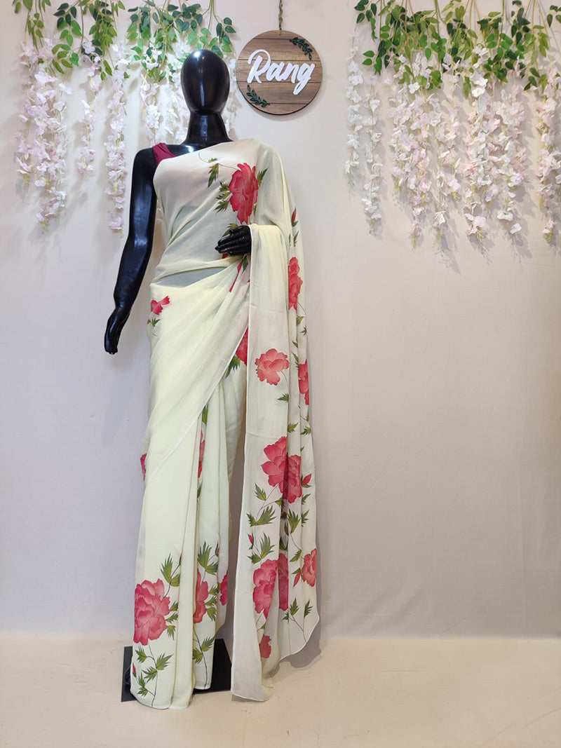 Hand-Painted Lime Green Viscose Georgette Saree