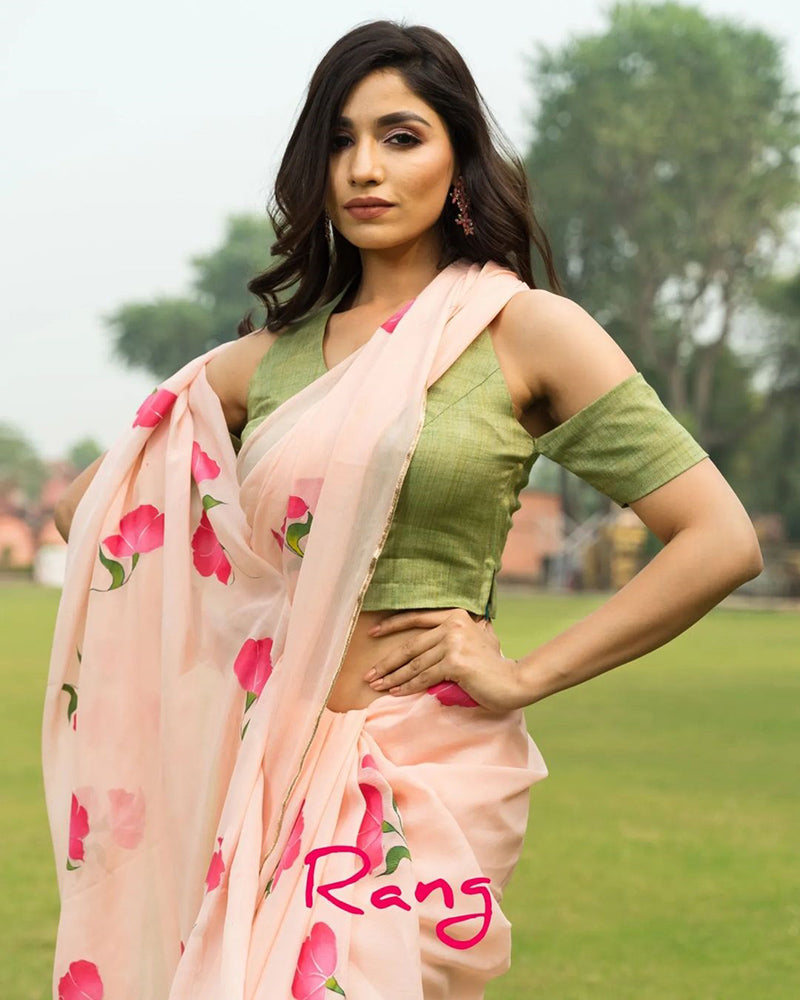 Hand-painted Peach Pure Chinon Chiffon Saree