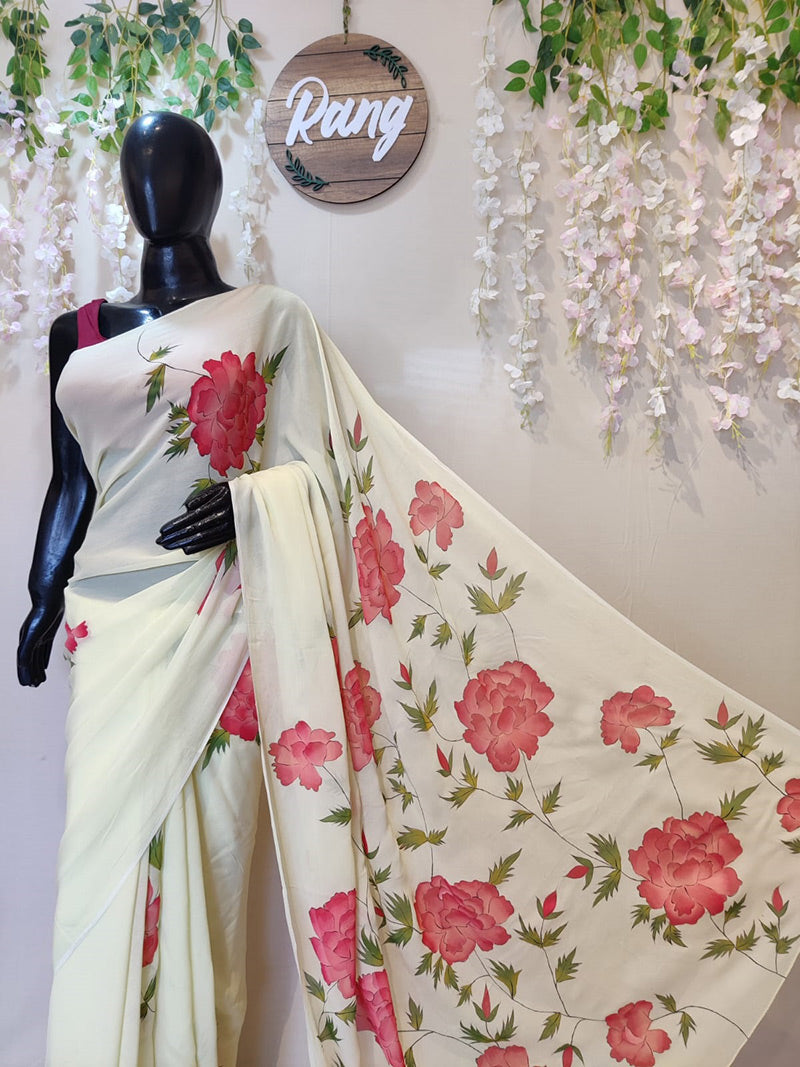 Hand-Painted Lime Green Viscose Georgette Saree