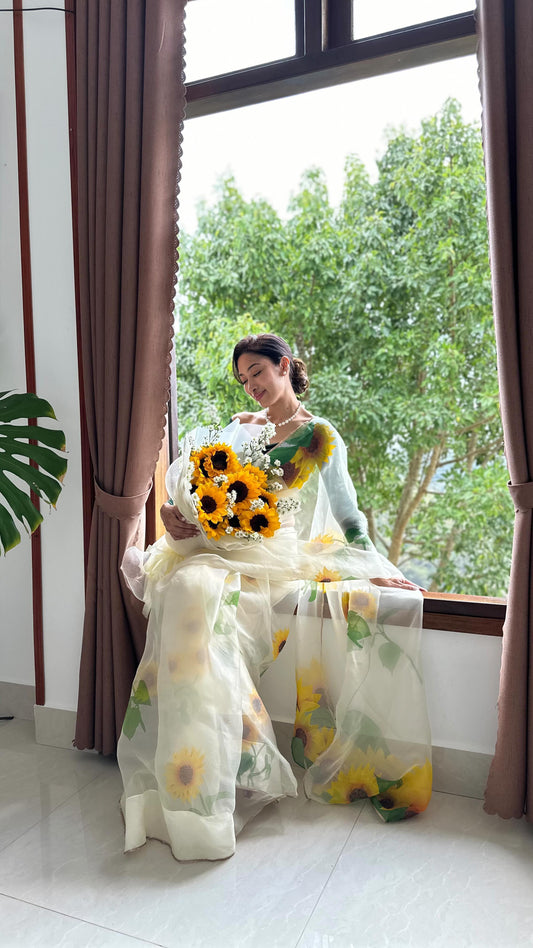 Hand-painted Ivory Sunflower Silk Organza Saree